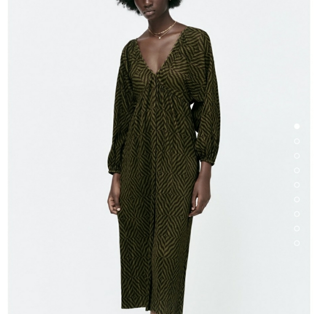 Zara Abstract Printed Pleated Women's Green and Brown Dress Size Small
